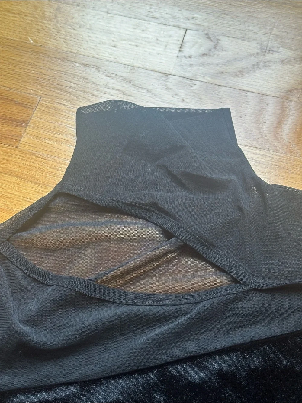 Black Velvet-Panel Mesh Mock Neck Top